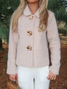 Sydney Algeri Stylish Women's Short Khaki Teddy Coat With Regular Sleeves Collar And Unique Gold Button Fastening - Khaki - View 3