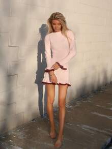 Sydney Algeri Váy len viền nhún bèo thời trang dành cho nữ, thích hợp cho các buổi hẹn hò và kỳ nghỉ - Màu Hồng baby - Xem 1