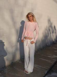 Sydney Algeri Women's Cinched Waist Contrast Lace Knitted Cardigan - Pink - View 6