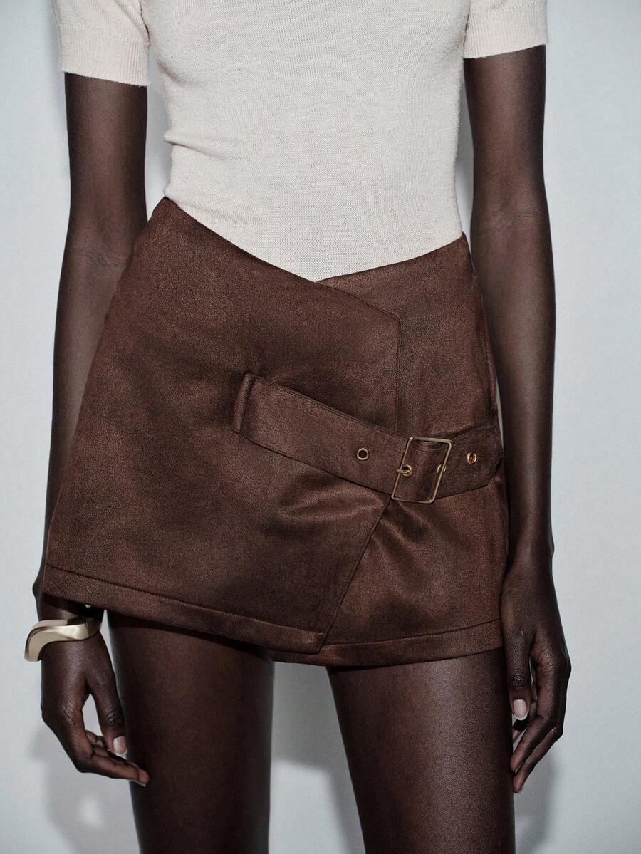 Lumivelle Brown Plain Straight Short Skirt For Women Casual Style Woven Fabric Brown Dress Elegant Skirt Spring/Summer Outfits - Brown - View 1