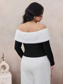 Modelyn Elegante camiseta de punto con hombros descubiertos, de colores contrastantes y textura suave y esponjosa para fiestas, otoño/invierno - Blanco y Negro - Ver 3