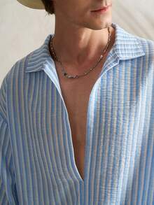 Airaco Áo sơ mi nam cổ chữ V tay dài kẻ sọc xanh trắng kiểu dáng cổ điển 2 trong 1, phong cách thường ngày. - Màu xanh lam - Xem 3