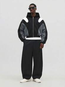 Áo hoodie ngắn tay SUMWON có khóa kéo, phối màu tương phản, thích hợp cho phong cách đường phố thường ngày, mùa đông thu, kiểu dáng rộng rãi, trơn. - màu đen - Xem 3