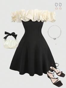 SHEIN Teen Girls' Off-Shoulder Puff Design Contrast Color A-Line Dress