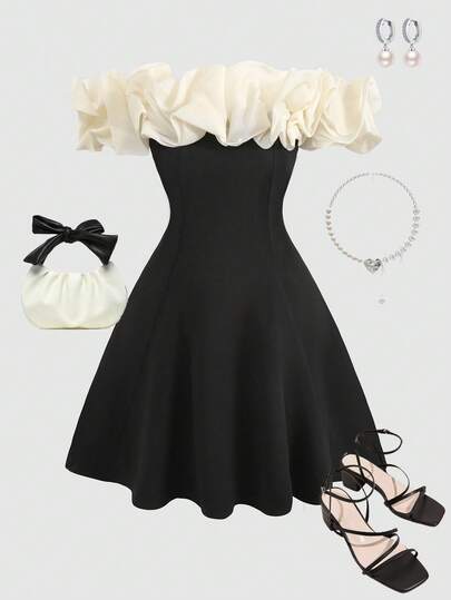 SHEIN Teen Girls' Off-Shoulder Puff Design Contrast Color A-Line Dress