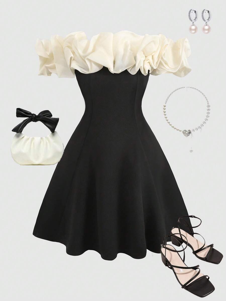 SHEIN Teen Girls' Off-Shoulder Puff Design Contrast Color A-Line Dress