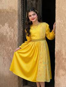 Tween Girls' Middle Eastern Arabic Princess Party Dress, Luxurious Elegant Golden Glitter & Metallic Ribbon Decor - Yellow - View 1