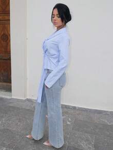 Vassilux 休闲通勤条纹束腰裹腰衬衫 - 藍白色 - 查看 5