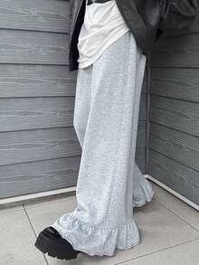 FRIFUL Women's Elastic Waist Layered Ruffle Hem Maxi Pants - Grey - View 3