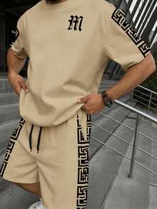 Manfinity Homme 男士字母印花圆领短袖T恤和抽绳腰短裤休闲套装
