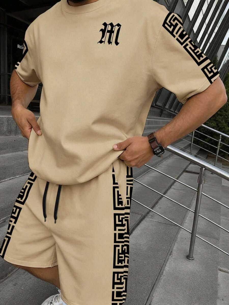 Manfinity Homme 男士字母印花圆领短袖T恤和抽绳腰短裤休闲套装