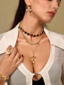Glisma 18K金十字架耳环，服饰，哥特风，复古，串珠，西部风珠宝，金属质感，宝石，秋冬款，适合妈妈/女士/女孩/母亲，高档，复古，十字架 - 彩色 - 查看 4
