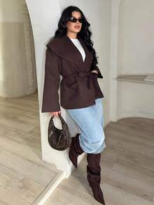 Dayanna Comas Women's Elegant Commuting Warmth And Simplicity Brown Coat Front Tie Long Sleeve Pocket Casual Jacket, Everyday Wear In Fall/Winter - Brown - View 6