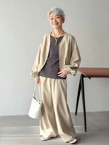 FRIFUL Women's Casual Khaki Jacket And Straight Leg Pants Two Pieces Set, Loose Fit, Versatile For Spring And Summer - Grey - View 3