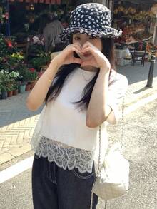 DAZY Women's Round Neck Lace Patchwork Short Sleeve Casual Chic Korean Style T-Shirt, Spring/Summer - White - View 7