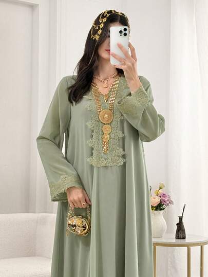 Al Najma Casual Solid Color Chiffon V-Neck Long Sleeve Loose Regular Dress For Women, Spring/Autumn