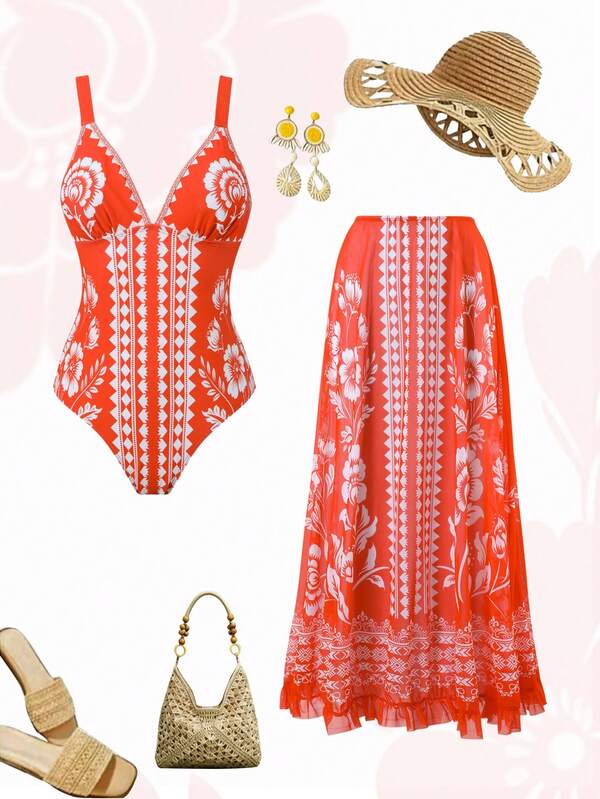 Swim Oasis Plus Size One-Piece Swimsuit High-End Set, Mesh Skirt With Placement Print, Sexy European And American Style Plus Size Swimwear