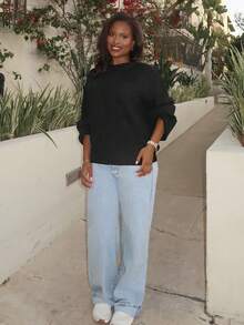 Tyla Gomez Women's Loose Fit V-Neck Long Sleeve Knitted Black Sweater, Autumn/Winter,Tops For School - Black - View 4