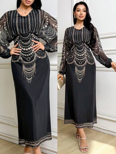 Al Najma Women's V-Neck All-Over Print Elegant Long Sleeve Arabic Dress  Black Dress  Comfortable And High-Elasticity Floral Dress