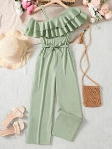SHEIN Teen Girls Green Oblique Shoulder Jumpsuit, Textured Fabric, Cinched Waist, Layered Collar, Vacation Romper - Green - View 6
