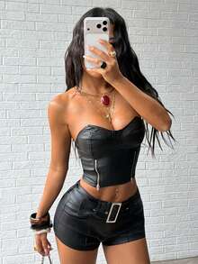 Jeanoix Y2K Women Coated Zipper Design Cropped Bustier Top - Black - View 4