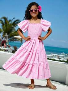 Short Sleeve Teenage Girls' Multicolor Striped Fuchsia Bow Decor Top With Cap Sleeve And Layered Ruffle Skirt, Fashionable Elegant For Daily, Party - Pink - View 7