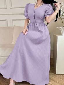 Feyla 女士优雅荷叶边泡泡袖长连衣裙 - 淡紫色 - 查看 3