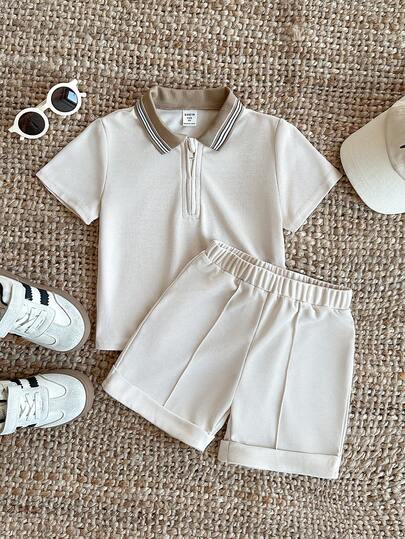 PrepCrw 男童POLO领短袖T恤短裤套装（2件套），学院风