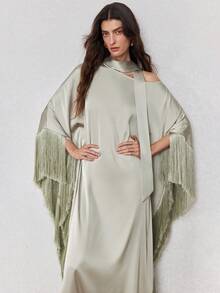 ZEYLAH Loose Flowy Fringed Dress With Asymmetrical Shoulder Tie Straps, Spring - Mint Green - View 1