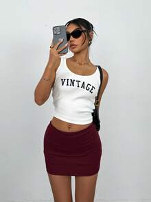 SHEIN PETITE 女士纯色修身休闲百搭半身裙 - 酒紅色 - 查看 6