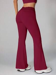 SHEIN PETITE 夏季黑色蕾丝拼接吊带裤+喇叭裤女士修身两件套 - 酒紅色 - 查看 2