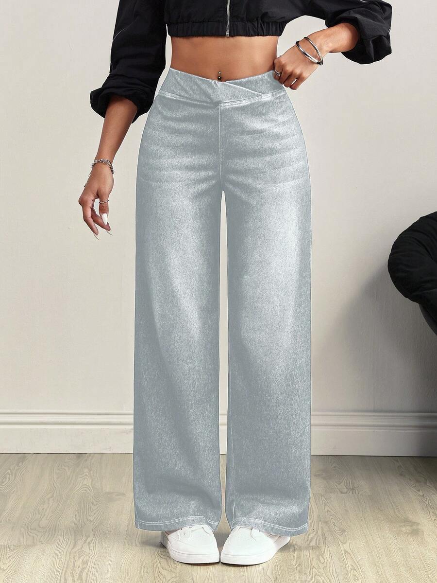 Flexra Quần jean nữ dệt kim dáng chữ V, thiết kế chéo, cạp chun, có túi, chất liệu denim rách. - Rửa nhẹ - Xem 1