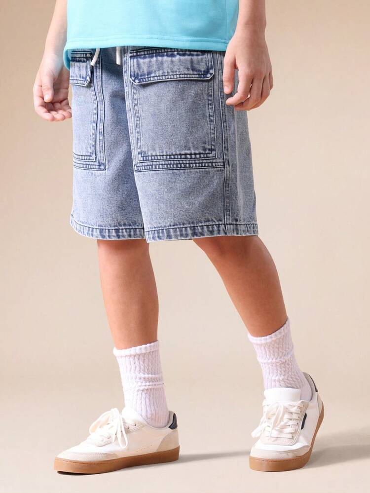 Mid Wash Cargo Denim Shorts With Pockets