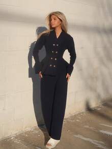 Sydney Algeri 2pcs Set: Elegant Casual Commuter Blue Stand Collar Flare Sleeve Cinched Waist Cardigan & Straight Leg Knit Sweater, Autumn/Winter - Blue - View 3