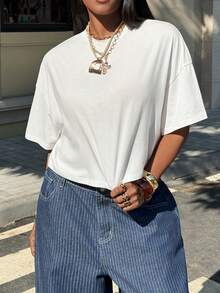 SHEIN EZwear 大碼素色落肩T恤 - 白色 - 查看 1