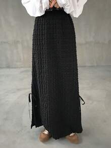 FRIFUL 女士泡泡纹理面料开衩下摆纯色半身裙 - 白色 - 查看 4