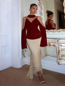 Glamine Charm Choker Neck Cold Shoulder Draped Front Ruched Top Fall Women Clothes Back To School - Burgundy - View 6