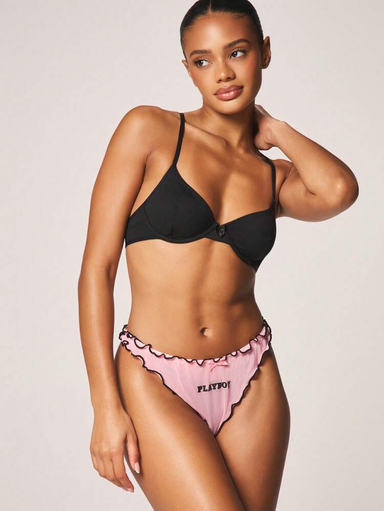 Missguided x Playboy Ruffle Trim Mesh Thong With Contrast Black Binding Detail And Small Bow Accent For Intimate Occasions