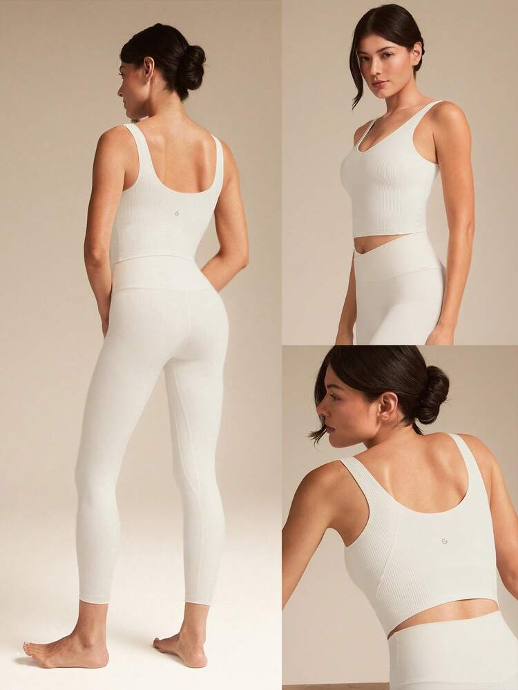 FeatherFit™-Ribbed Fresh Start Buttery-Soft Stretchy Bonding Flattering Seam Crop Tank Top Bra Low Impact Yoga Pilates Studio Gym Daily Casual Wear Removable Cups