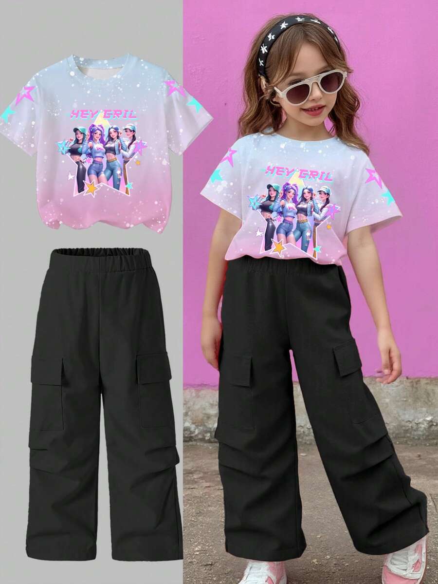 2pcs/Set Girls' Idol Group Printed Top & Ombre Digital Print Round Neck T-Shirt With Black Straight Leg Cargo Pants, Streetwear Casual Comfortable Fashion Suitable For All Seasons, Korean Girl Group KPOP Inspired Girls Outfit Sets Teenage Girl Clothes Sets Big T Shirt And Pants For Girl Baggy Pants Outfit Girls