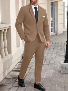 Manfinity Mode Conjunto de traje de negocios de chaqueta y pantalón de manga larga con solapa y abotonadura sencilla para hombres de talla grande - Caqui - Ver 5