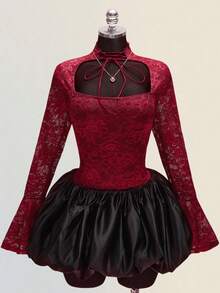 SHEIN ICON 女士加大码复古性感优雅千禧风 Y2K 情人节：高领系带镂空喇叭长袖酒红色蕾丝修身上衣 - 酒紅色 - 查看 9