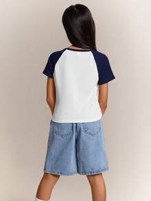 Radiana Tween Girls' Casual Simple Comfy Patchwork Contrast Star Print Round Neck T-Shirt - Blue - View 2