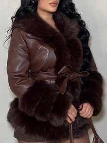 Dayanna Comas 新款秋冬毛绒夹克配狐狸毛边饰，女士长款毛茸茸皮草大衣简约时尚， - 咖啡棕 - 查看 3