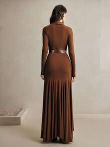 Anewsta Elegant Brown Knitted Long Dress With V Neck And Asymmetrical Hem - Brown - View 2