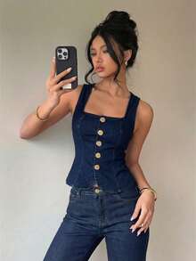 Aloruh Women's Fashion Casual Button Denim Vest Top - Blue - View 4