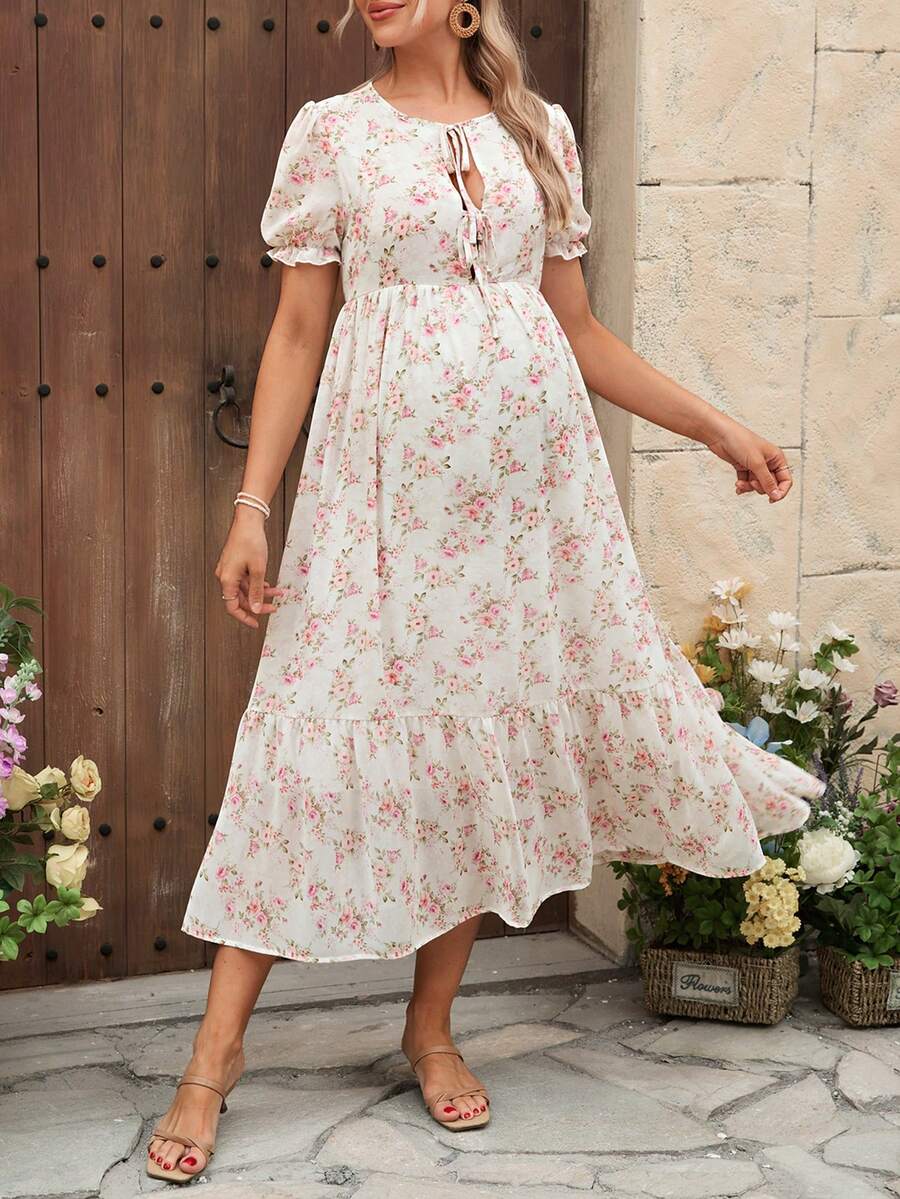 SHEIN 印花宽松舒适优雅孕妇连衣裙 - 彩色 - 查看 1