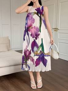 DAZY Women's Elegant Floral Pleated Sleeveless Straight Midi Dress, Summer - Purple - View 4