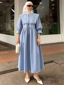 DAZY 女士休闲纯色衬衫领中长连衣裙，春夏长款连衣裙 - 藍色 - 查看 4