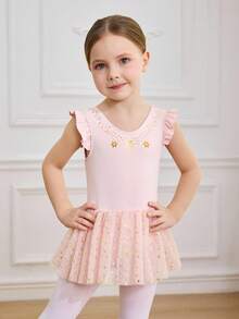 Young Girls Ballet Dress With Ruffle Sleeve, Pink Star Mesh Tutu Skirt, Children's Activewear Leotard - Pink - View 7